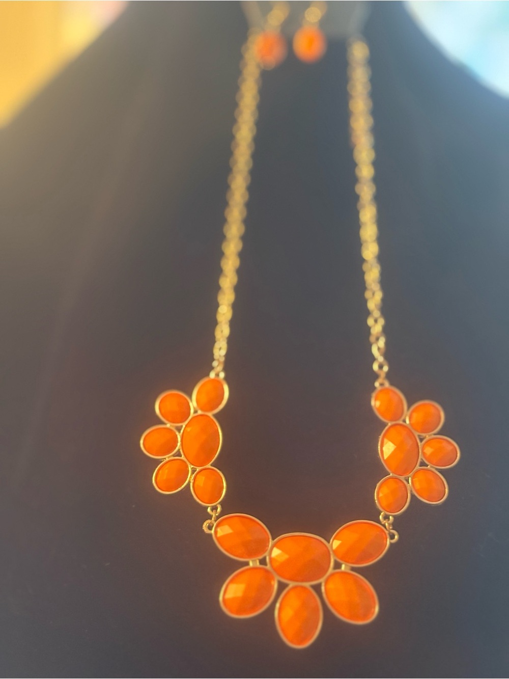 Orange Stone Floral Statement Necklace and Earrings Set